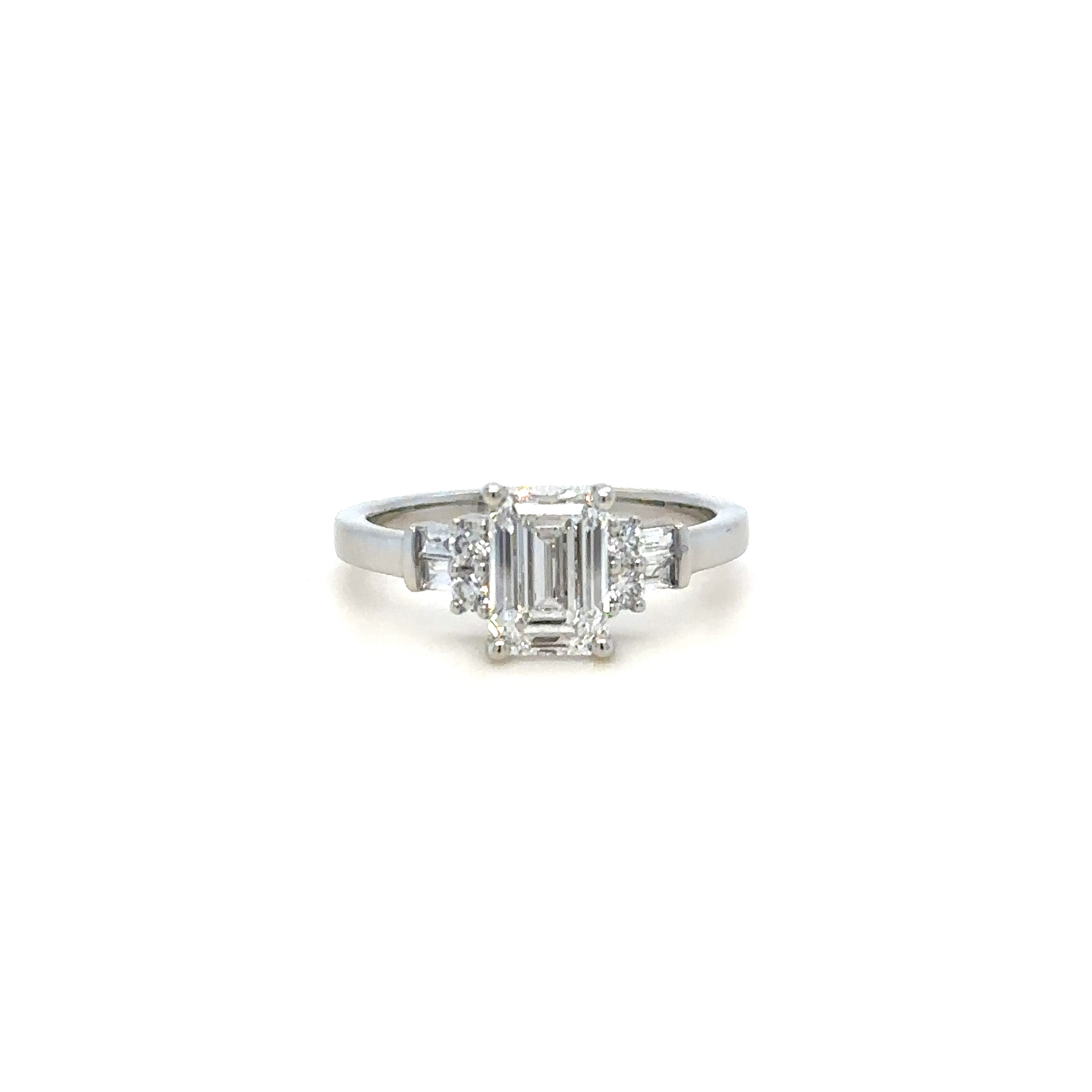 Baguette and Round Side Diamond Ring in Platinum. Front View. 