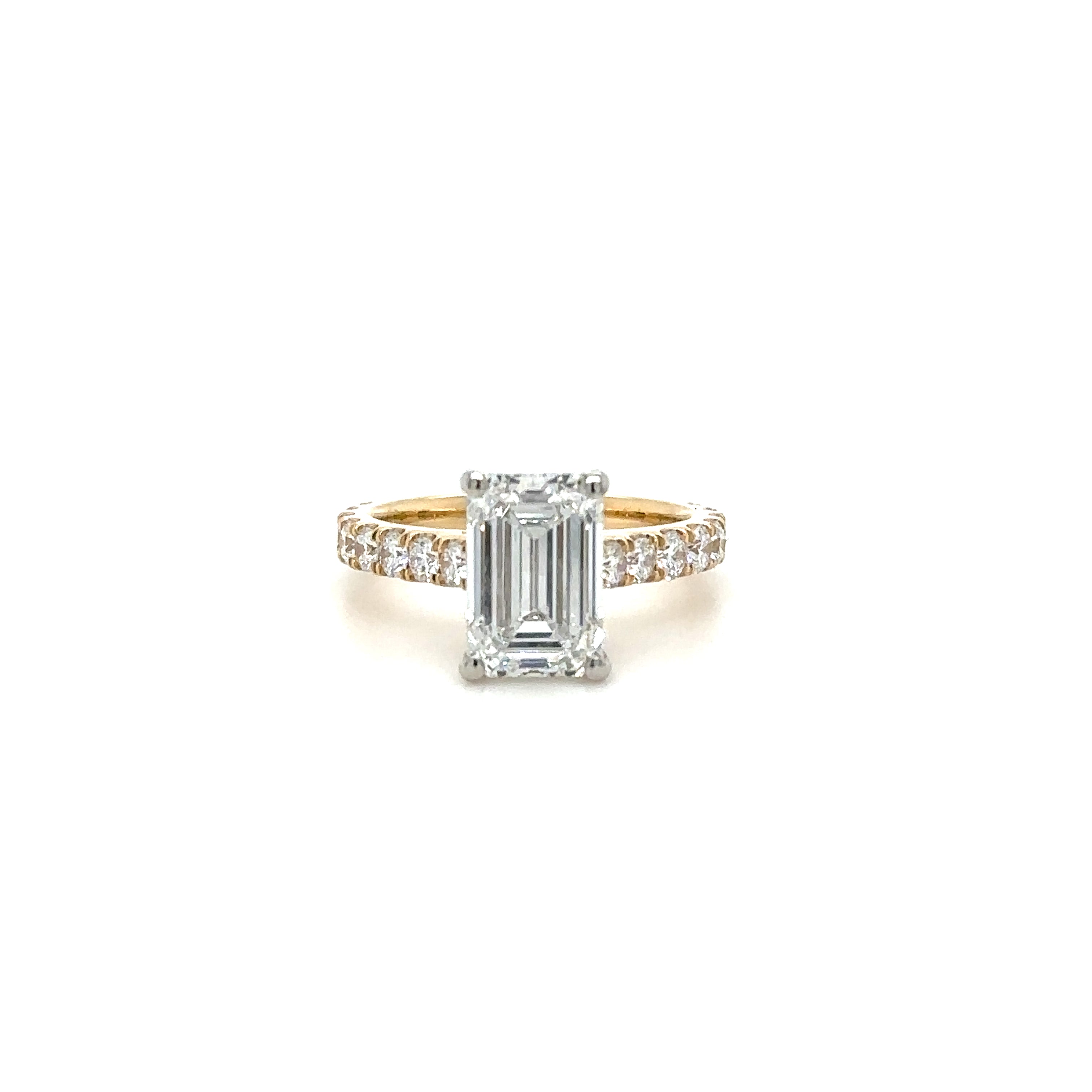 2.2ct Emerald Cut Diamond Ring Set in a 2.5mm Pave gallery diamond ring. Front View. Cairn Diamonds. 